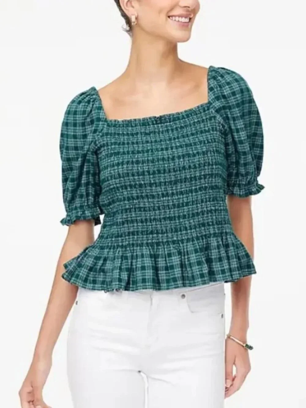 2/$30 J. Crew Flannel Smocked Top Green Glazed Medium #A3543